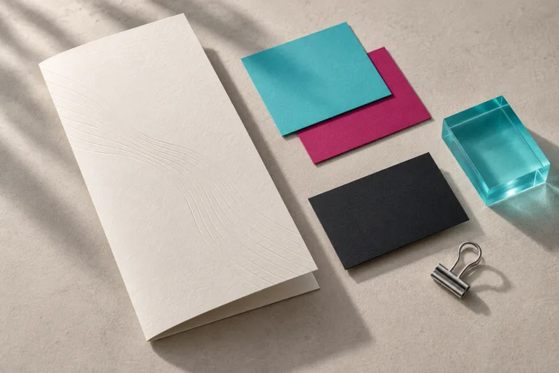 Imagen conceptual con IA: papelería y muestras de color cian y fucsia para explorar una identidad visual