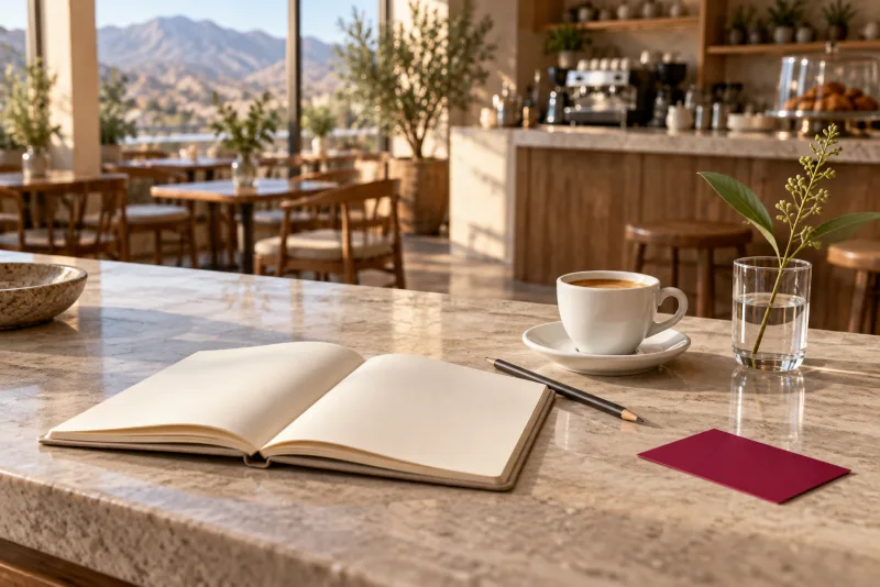 Imagen conceptual con IA: un cuaderno abierto en una cafetería antes de comenzar