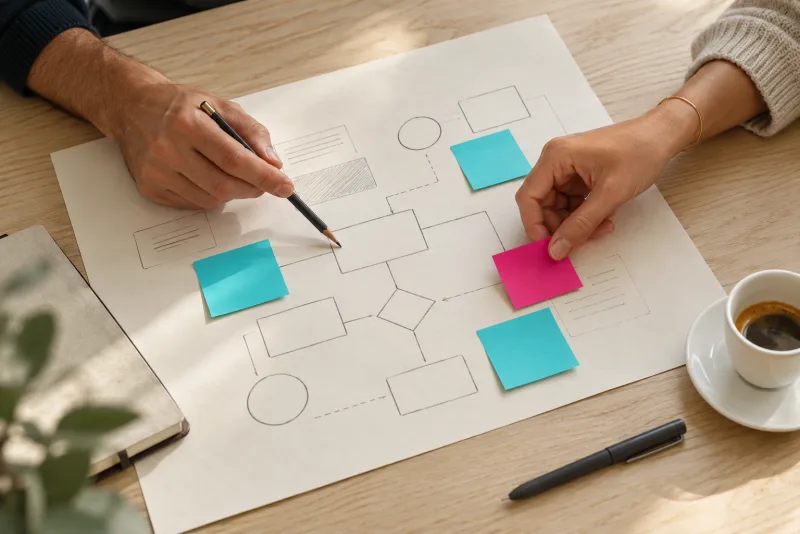 Imagen conceptual con IA: manos organizando un plan de trabajo con notas cian y fucsia
