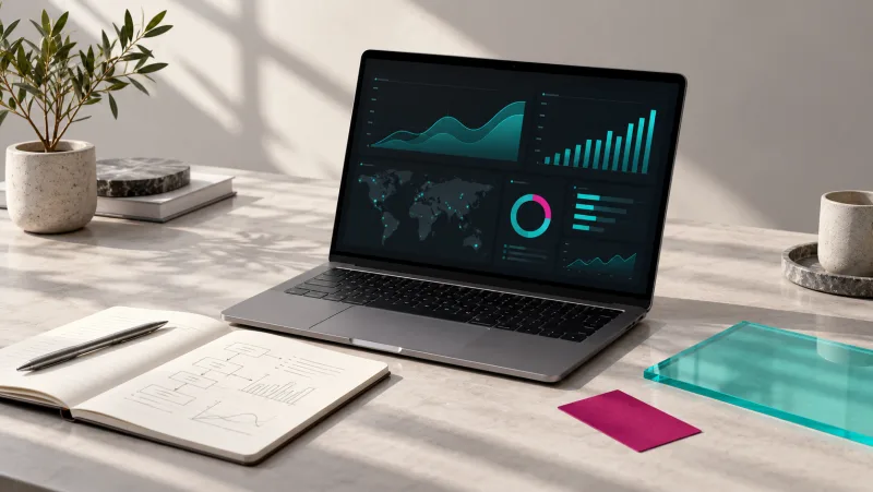 Imagen generada con IA: un portátil con una visualización conceptual de gestión